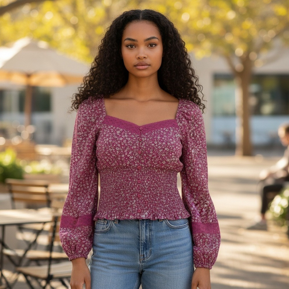 American Eagle Blouse XL Pink Floral Smocked Sweetheart Lace Long Sleeve Top